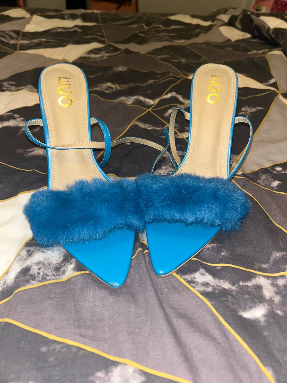 EGO Teal Blue Furry Strap Pointed Slingback Heels